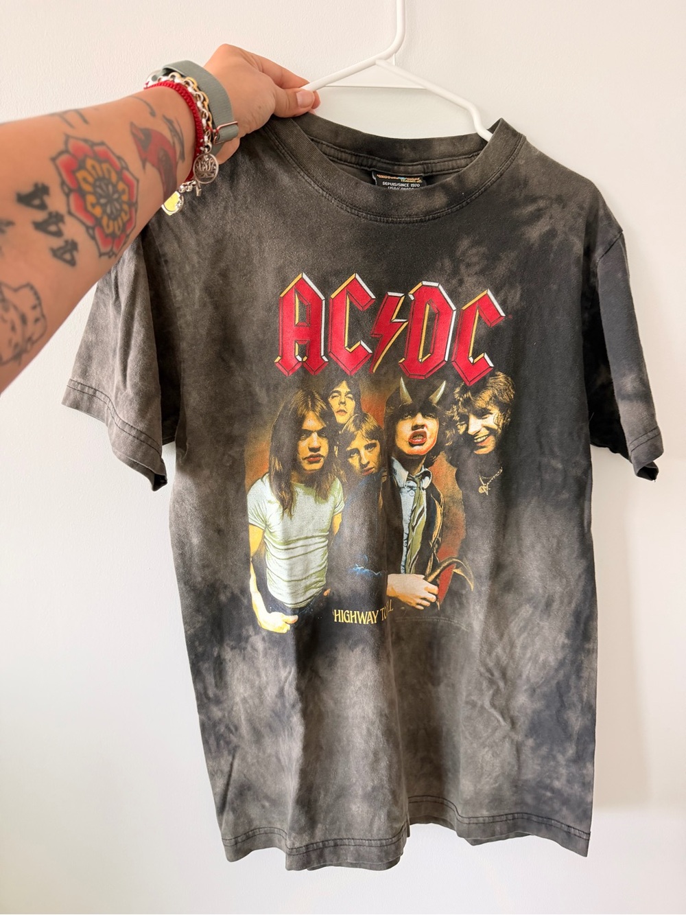 AC/DC Black Tee with Multicolor Neck Tag Graphic